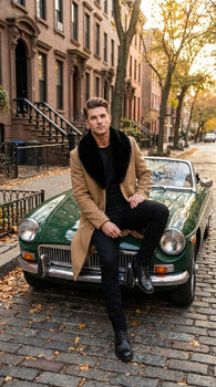Men’s Camel Tan Long Overcoat with Black Faux Fur Collar - Wool Topcoat Three if not Full length