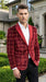 Mens Red Burgundy Plaid Blazer with Contrast Lapel – Velvet Fabric Check Prom Blazer Jacket for Party, Christmas New Year Holiday Jacket