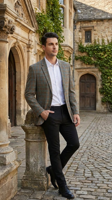 Men’s Green Brown and Teal Plaid Sport Coat – Tailored Fit Check Blazer Jacket - Tartan Sportcoat