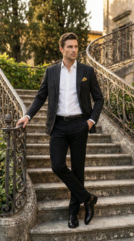 Men’s Black Pinstripe Blazer – Classic Tailored Formal Jacket for Business, Office and Evening Wear