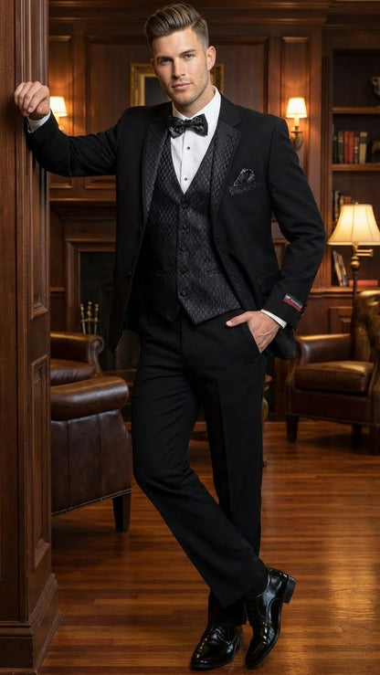 Men's Black Vested Tuxedo Suit with Patterned Lapel – Classic Formal Suit for Wedding, Party and Evening Events - Image 8