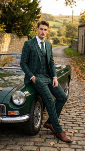 Men's Dark Green Plaid 3 Piece Suit – Checkered Suit Set for Wedding, Windowpane Tartan Fabric - Ultra Slim Fit - Image 7