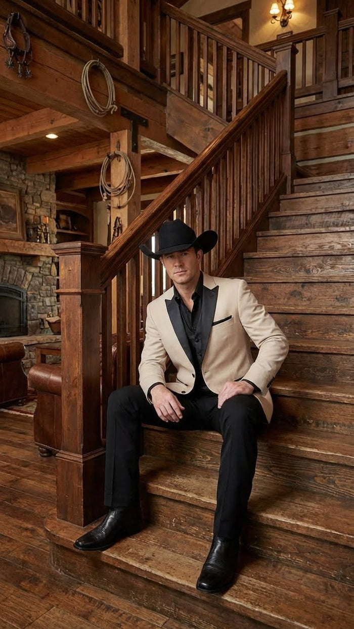 Men's Light Tan and Black Lapel Western Tuxedo Suit Set Wedding Party Cowboy Dress Tuxedo Black Pants - Image 8