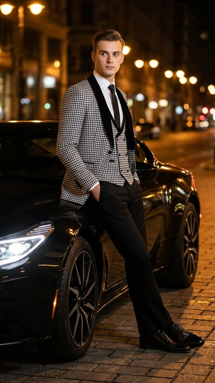 Men’s Black and White Houndstooth Tuxedo Set with Velvet Shawl Lapel | 3-Piece Formal Suit with Black Double-Breasted Vest