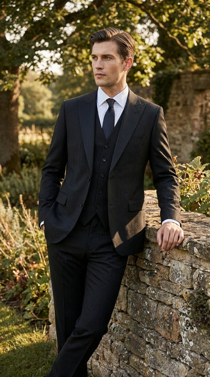 Vitali Mens Black Tone on Tone Shadow Stripe Vested Suit Set – 3 Piece Modern Fit Pinstripe Two Buttons Modern Fit