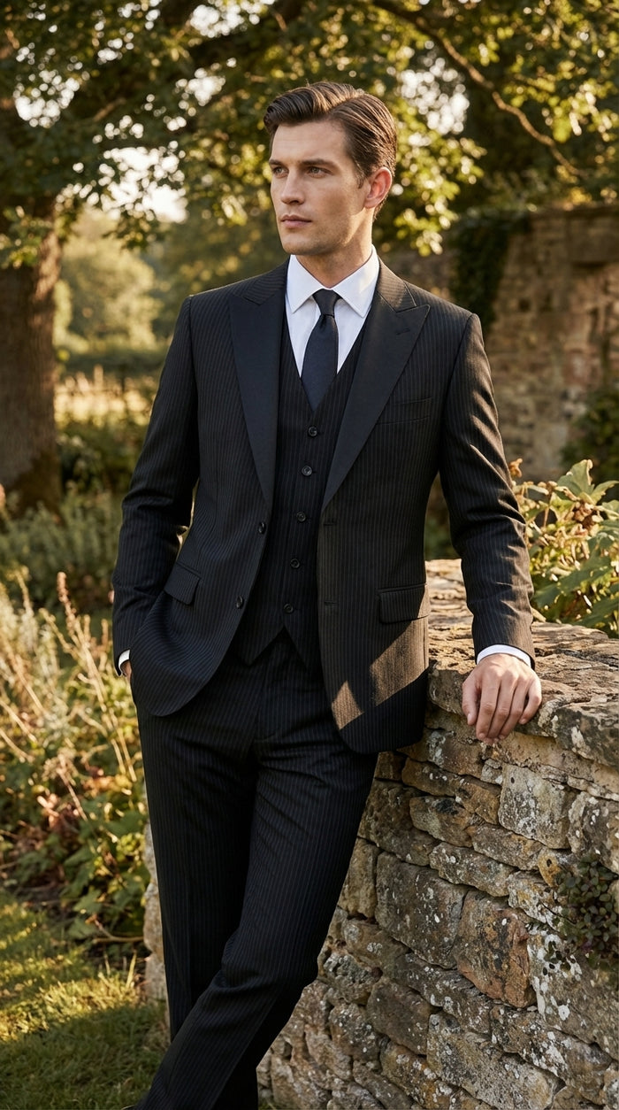 Vitali Mens Black Tone on Tone Shadow Stripe Vested Suit Set – 3 Piece Modern Fit Pinstripe Two Buttons Modern Fit