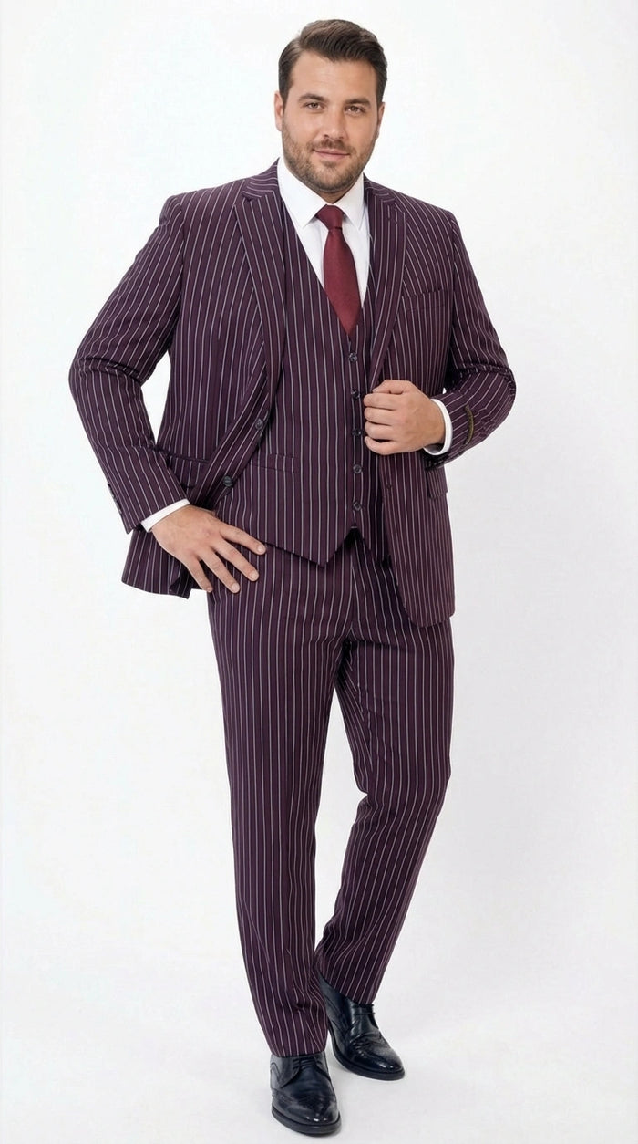Men’s Plum Eggplant Pinstripe 3 Piece Suit – Burgundy Purple Formal Suit  Gangster 1920s Mafia Pimp Suit Modern Fit