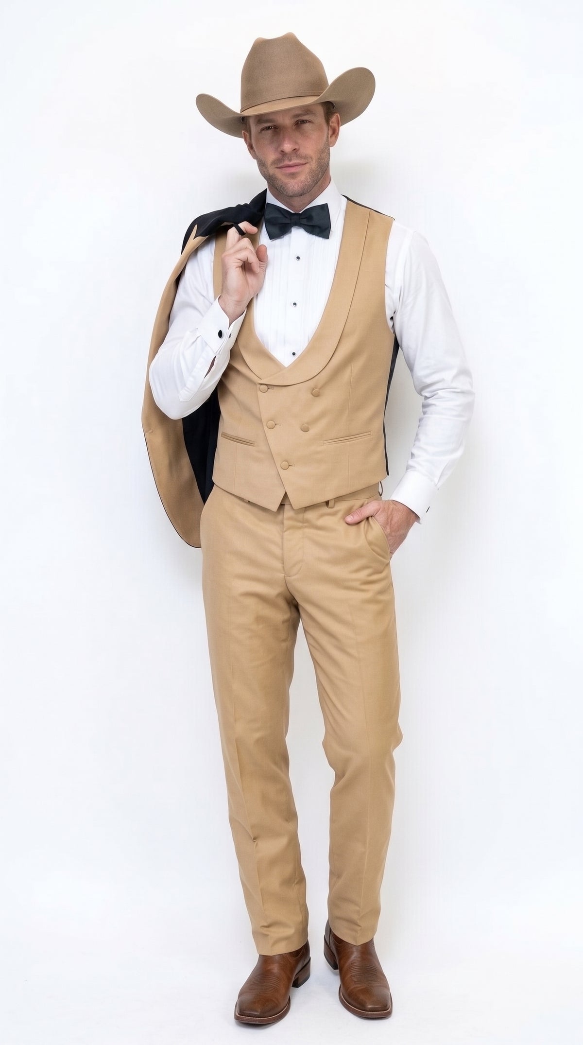 Men's Western Khaki Cowboy Tuxedo Suit – Black & Tan Beige  Peak Lapel 3-Piece Vested Formal Cowboy Suit