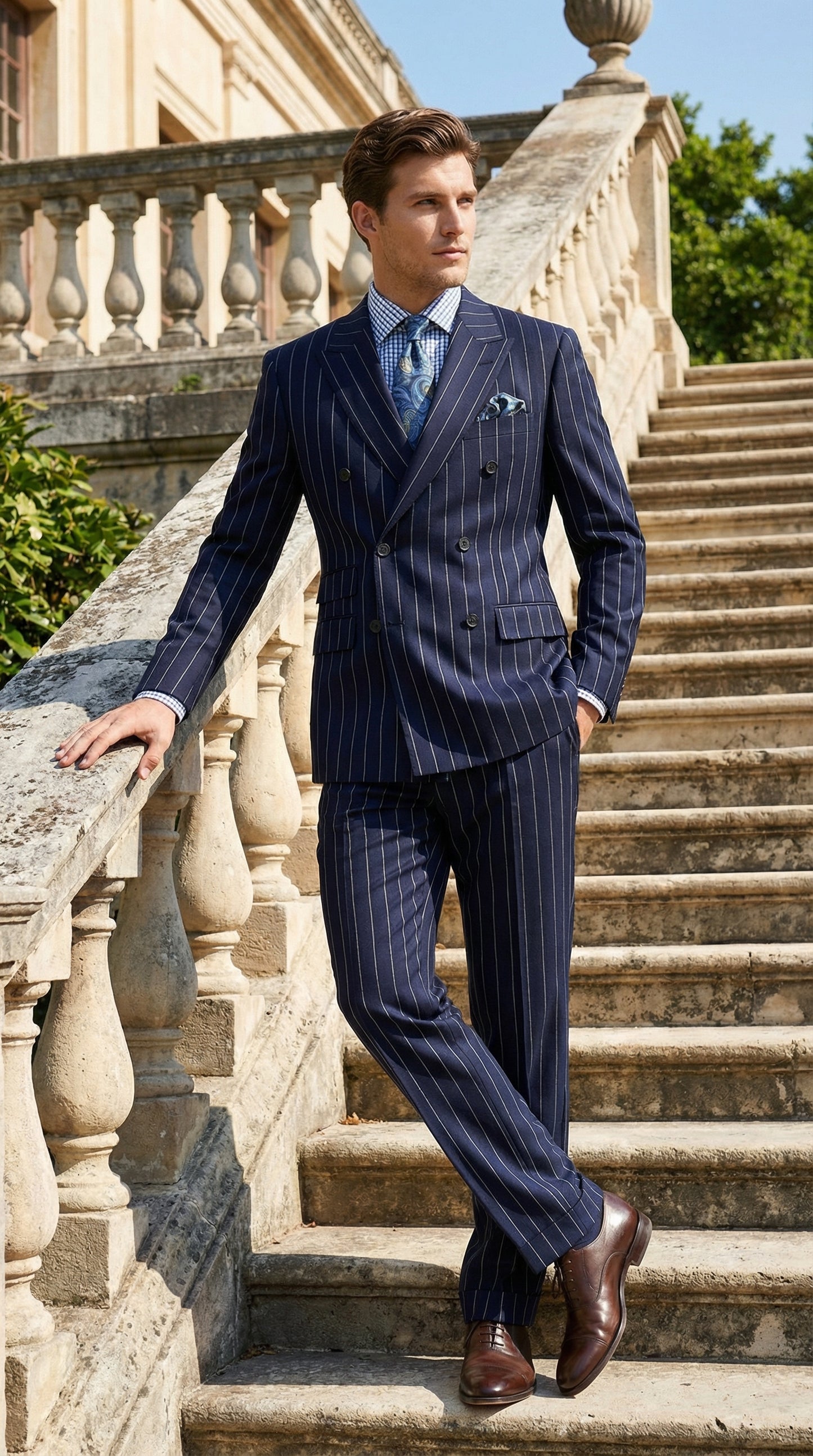 Men's Navy Blue Double Breasted Pinstripe Suit – Modern Fit