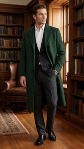 Men’s Hunter Green Full-Length Wool Overcoat – Classic Winter Dress Coat for Formal and Casual Wear Topcoat Mens Wintercoat