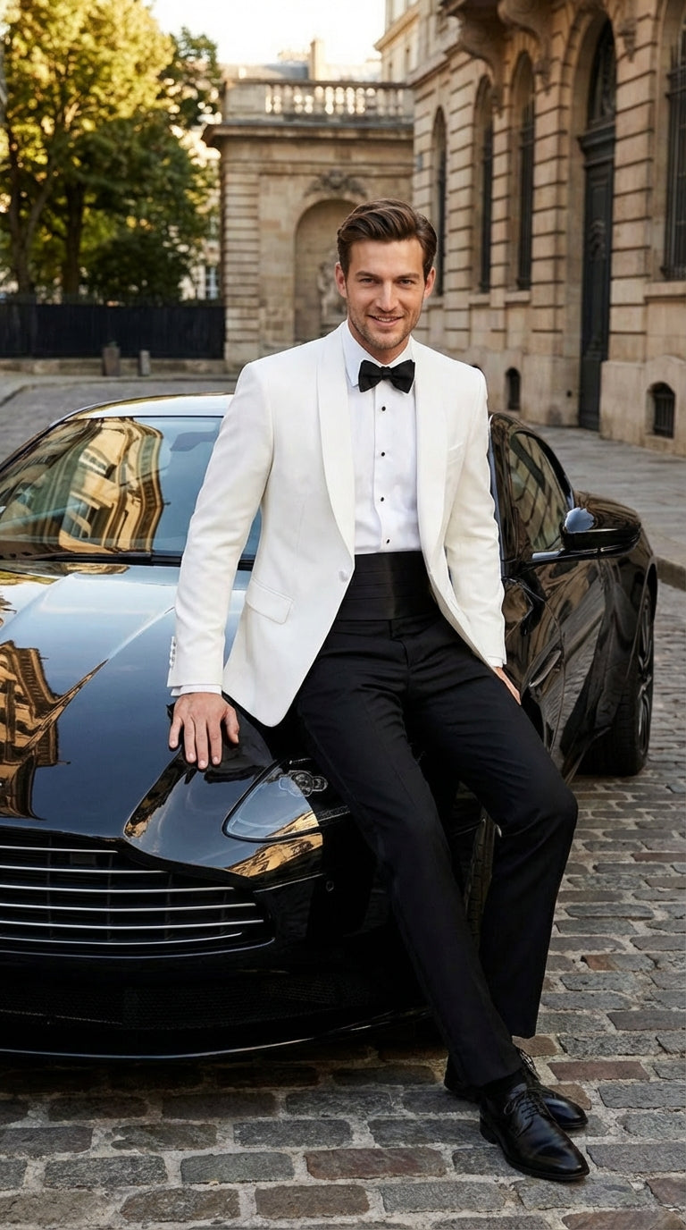 Men's White Dinner Jacket Tuxedo Blazer with Black Satin Shawl Lapel  With Black Tuxedo Pants - Image 8