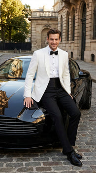 Men's White Dinner Jacket Tuxedo Blazer with Black Satin Shawl Lapel  With Black Tuxedo Pants - Image 8