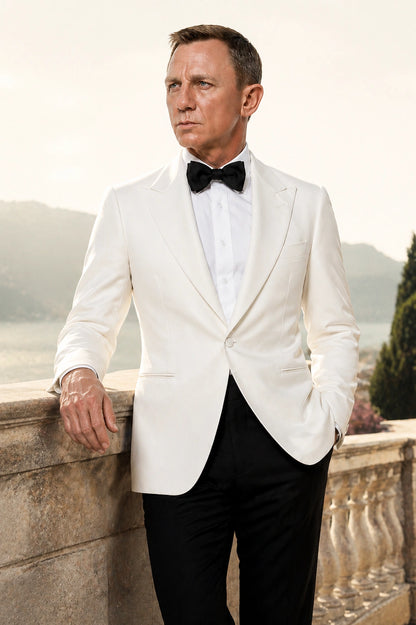 Men’s Pure White Dinner Jacket Blazer – James Bond Style Formal Tuxedo Blazer for Wedding, Black Tie & Evening Wear