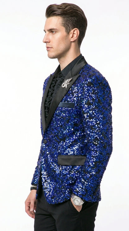 Men’s Blue Sequin Sparkle Blazer Jacket with Black Satin Lapel, Party Prom Wedding Dinner Coat
