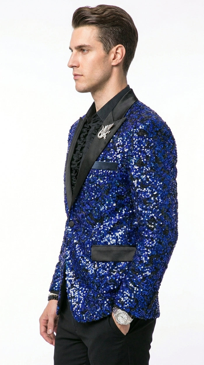 Men’s Blue Sequin Sparkle Blazer Jacket with Black Satin Lapel, Party Prom Wedding Dinner Coat