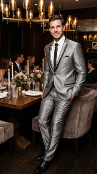 Men’s Silver Sharkskin Tuxedo Suit with Black Piping – Shiny Two Button Formal Suit for Wedding, Prom and Party Wear