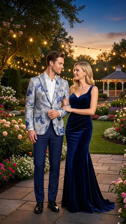 Men’s Navy Blue and Gray Paisley Print Blazer – Prom Jacket for Formal, Party, and Evening Wear