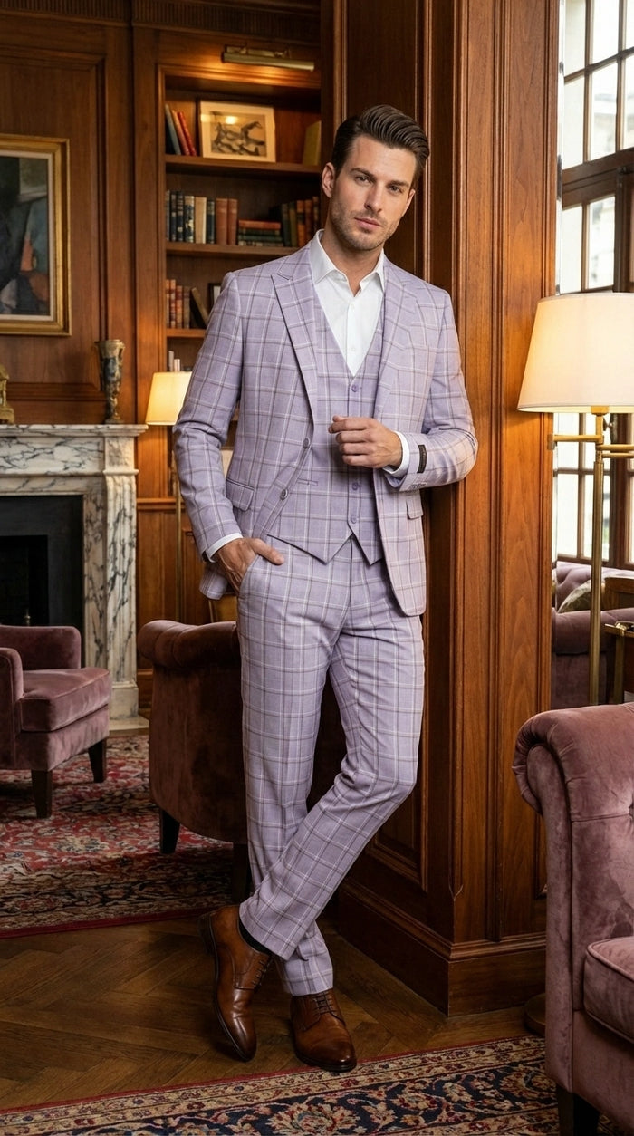 Men’s Lilac Lavender Windowpane Check 3 Piece Suit – Lilac Plaid Formal Suit with Vest for Wedding, Prom and Business Events  Modern Fit