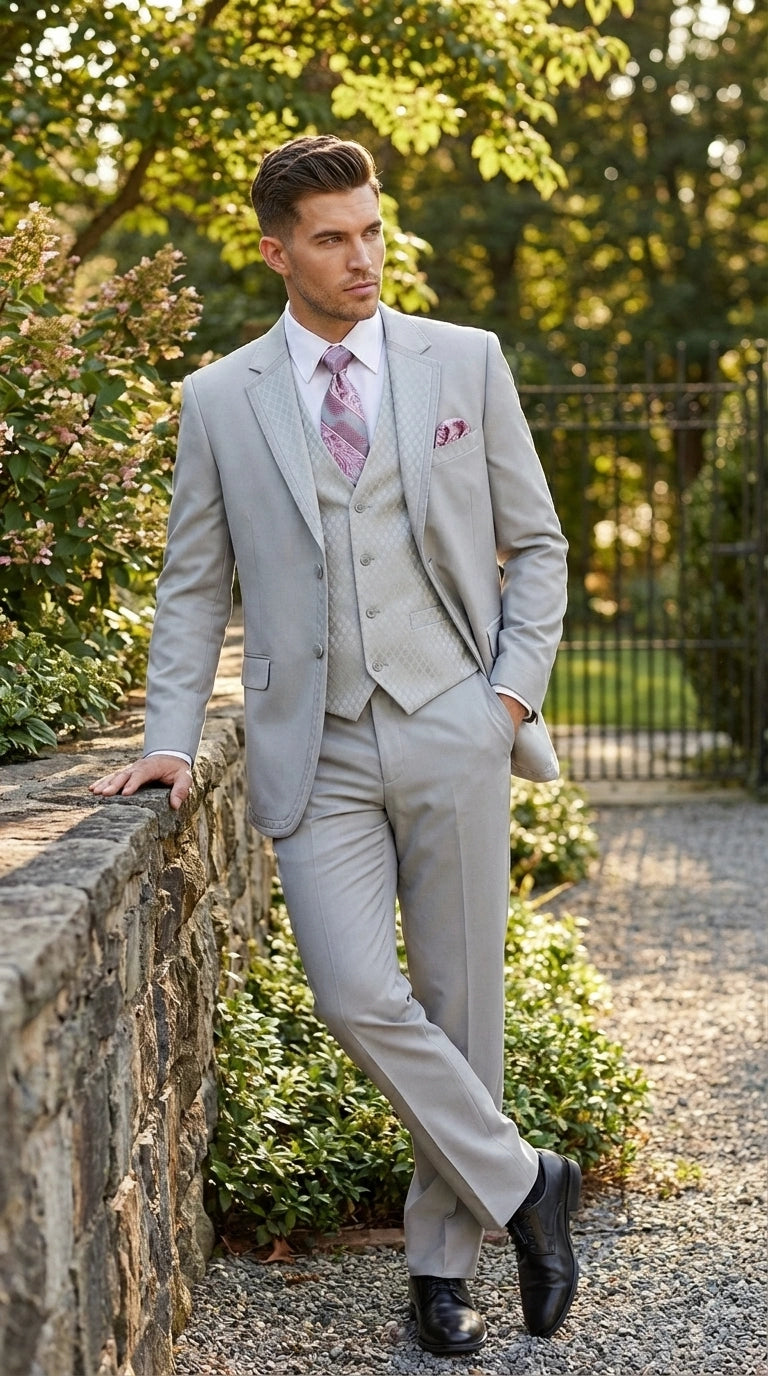 Men’s Light Gray 3 Piece Suit – Ice Silver Gray Formal Suit Set with Vest, Patterned Lapel and Tie for Wedding, Prom and Business Events  Modern Fit