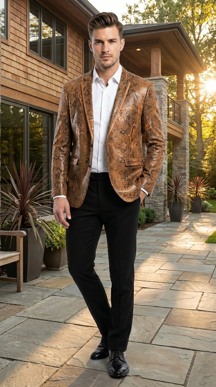 Men’s Brown Snakeskin Pattern Blazer – Stylish Exotic Print Formal Blazer Jacket for Party, Exotic Crocodile Alligator Print