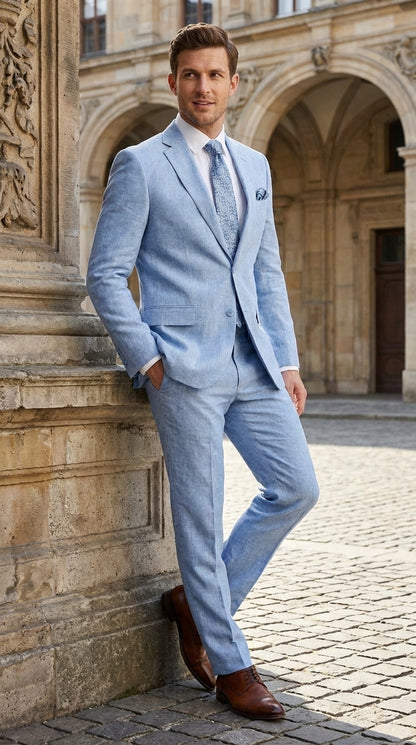 Men’s Light Blue Linen Summer Suit – Two Button Blazer with Elbow Patch Sleeves