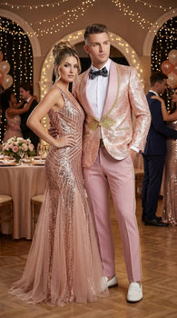 Men’s Rose Gold Pink Prom Tuxedo Suit – Slim Fit Paisley Pattern Formal Tuxedo Suit for Prom, Wedding and Special Events