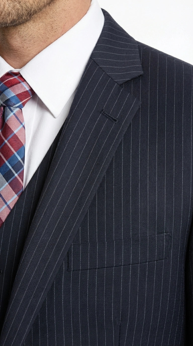 Italian Made By Statment - 100% Wool Fabric Super 150's  Banker Pinstripe in Navy Charcoal Black 2 Button Suit Modern Fit 2 Buttons Notch Lapel