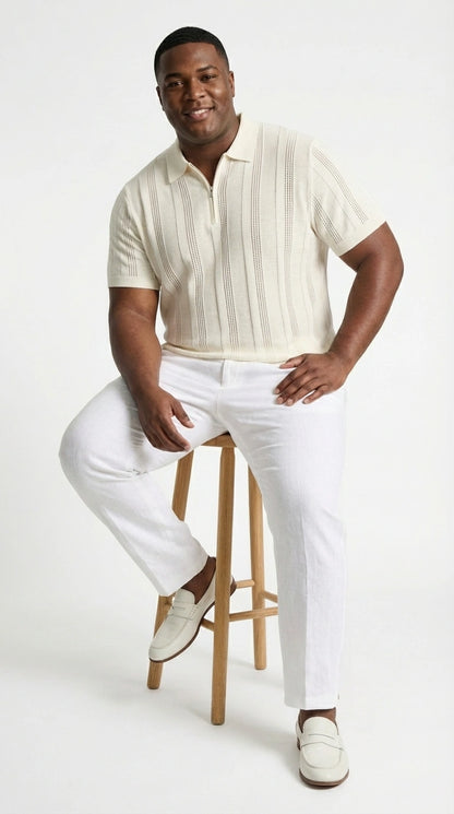 Mens Cream Ivory Off White Knit Walking Suit Set – Lightweight Short Sleeve Shirt and Pants Outfit for Summer, Vacation and Casual Wear
