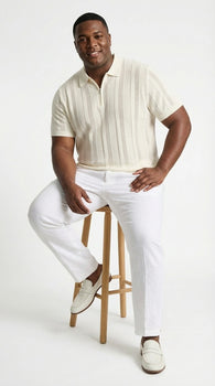 Mens Cream Ivory Off White Knit Walking Suit Set – Lightweight Short Sleeve Shirt and Pants Outfit for Summer, Vacation and Casual Wear