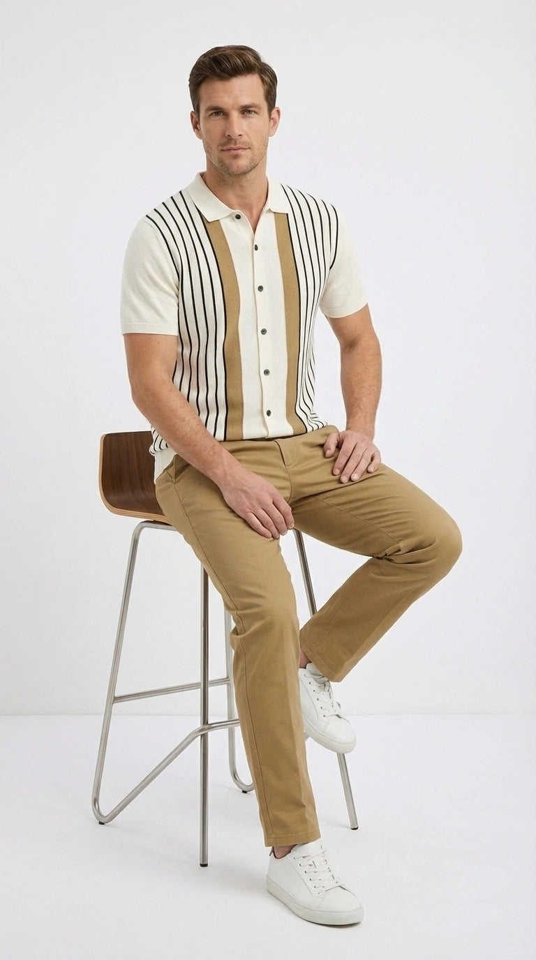 Mens Cream and Tan Striped Walking Suit plus Matching Pants  – Casual Summer Short Sleeve Shirt and Pants Outfit for Vacation, Travel and Everyday Wear