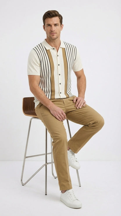Mens Cream and Tan Striped Walking Suit plus Matching Pants  – Casual Summer Short Sleeve Shirt and Pants Outfit for Vacation, Travel and Everyday Wear