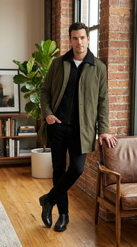 Mens Olive Brown Trench Coat Raincoat – Classic Water Resistant Long Coat with Zip and Button Closure for Business, Travel and Everyday Outerwear