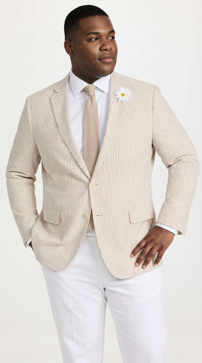 Mens Beige Seersucker Blazer – Lightweight Striped Summer Sport Coat Casual Smart Formal Blazer