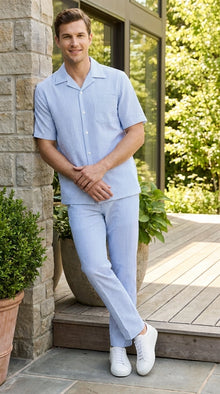Mens Light Blue Seersucker Walking Suit Set – Casual Summer Short Sleeve Outfit with Matching Pants Lightweight Two Piece Set