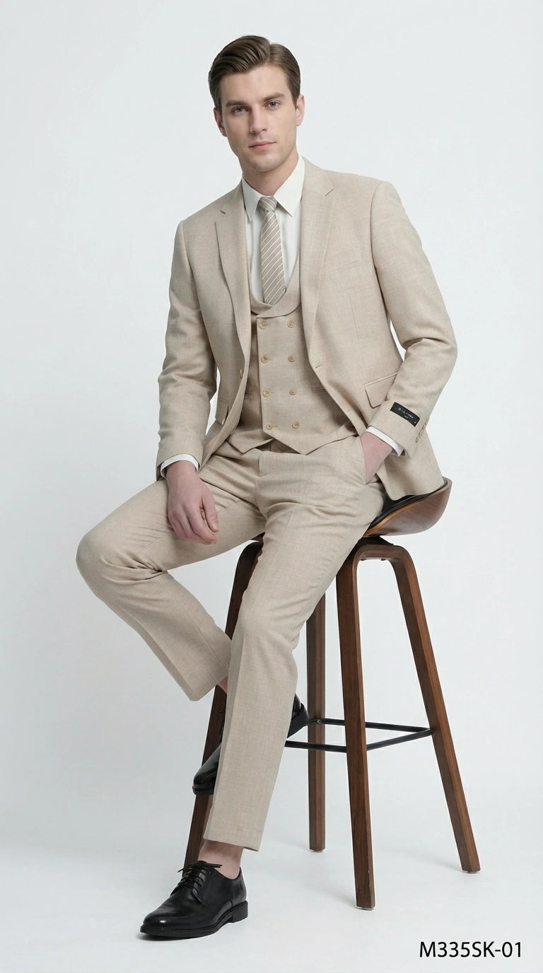 Mens Sand Beige 3 Piece Suit – Double breasted Vest Formal Suit Set  and Dress Pants in Champaign Natural Summer Color Modern Fit
