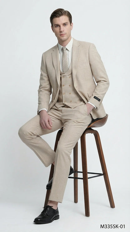 Mens Sand Beige 3 Piece Suit – Double breasted Vest Formal Suit Set  and Dress Pants in Champaign Natural Summer Color Modern Fit
