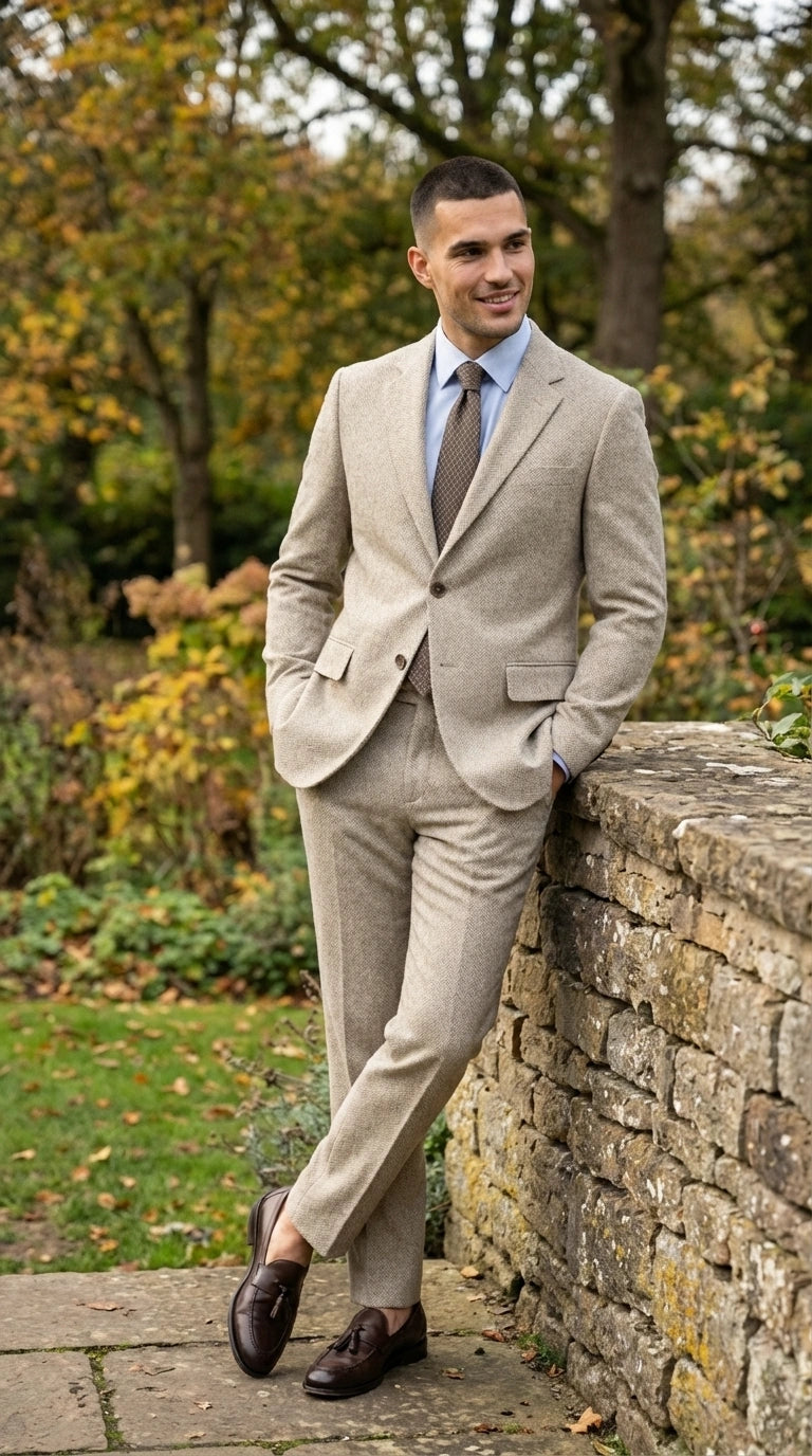 Men’s Light Tan Tweed Suit – Classic Beige Two Piece Suit, Herringbone Formal Wear, Vintage Style Business & Wedding Outfit for Men