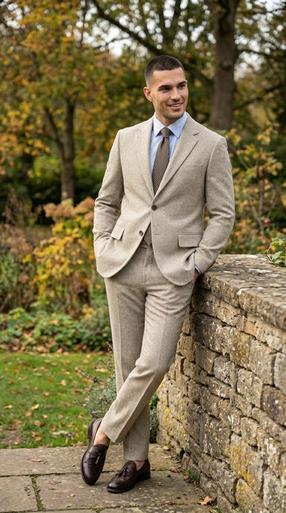 Men’s Light Tan Tweed Suit – Classic Beige Two Piece Suit, Herringbone Formal Wear, Vintage Style Business & Wedding Outfit for Men