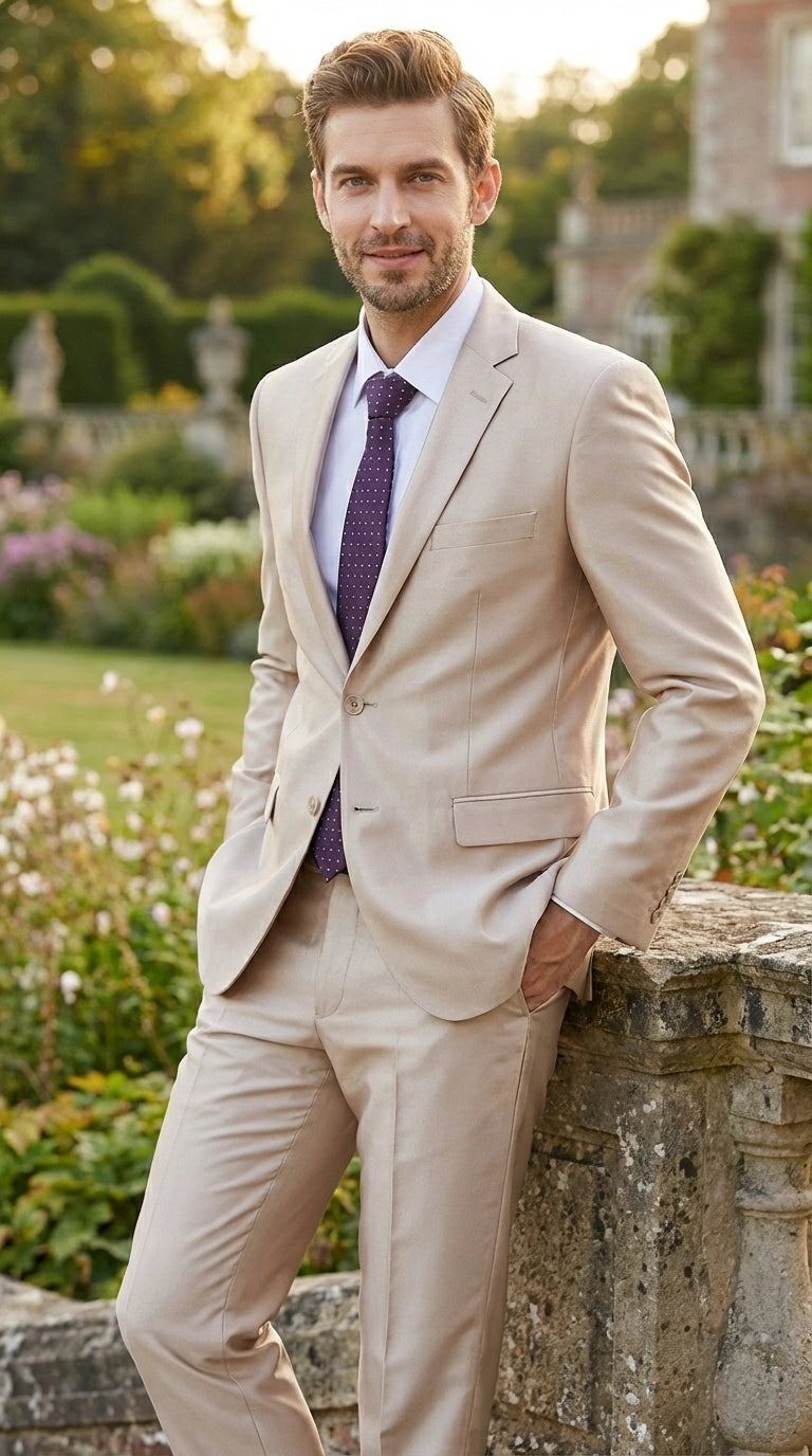 Men’s Champagne Tan Sharkskin 2 Button Suit – Shiny Formal Suit with Optional Vest for Wedding, Prom, Business Beige Color Modern Fit