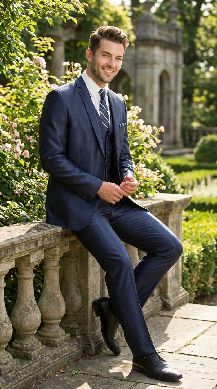 Men’s Navy Blue Sharkskin 3 Piece Suit – Two Button Vested Shiny Formal Suit for Wedding, Prom, Business and Party Wear Modern Fit