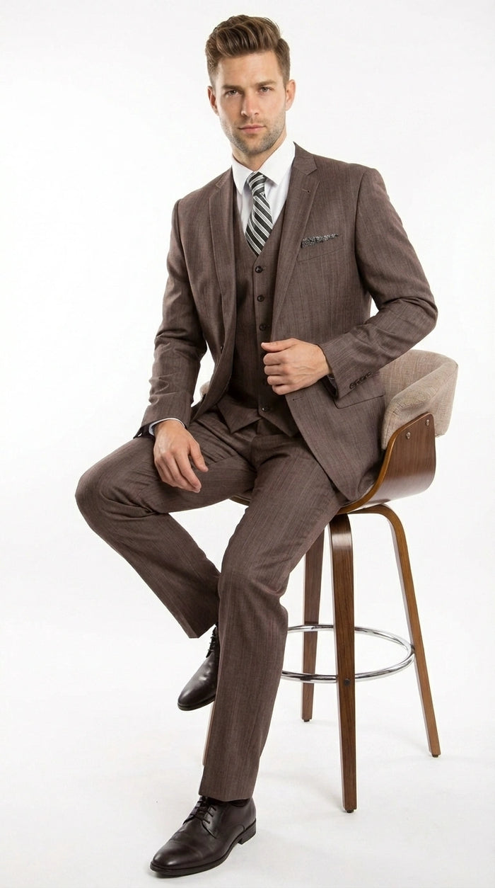 Men’s Brown Sharkskin 3 Piece Suit – Textured Two Button Vested Business Formal Suit for Wedding, Party Wear Vested Modern Fit