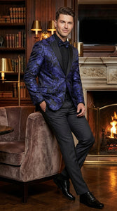 Mens Blue Paisley Jacquard Blazer – Luxury Pattern Tuxedo Dinner Jacket with Black Satin Lapel for Wedding, Prom With Bowtie