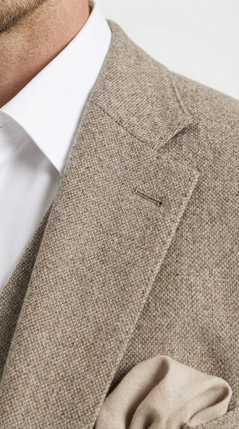Men’s Light Beige Herringbone Tweed Suit with Vest – Classic Three Piece Formal Suit, Vintage Business Wedding Outfit, Elegant Smart Casual Wear