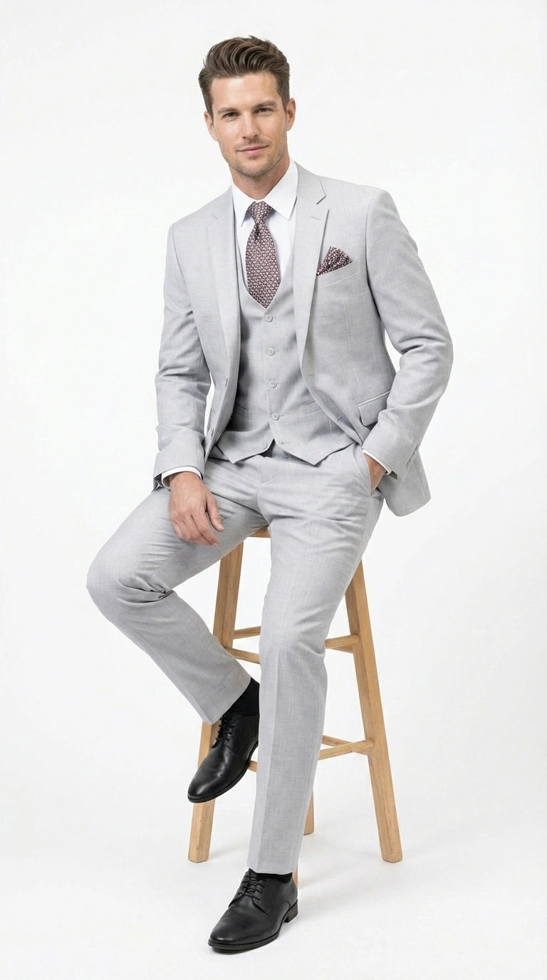 Men’s Light Grey Sharkskin 3 Piece Suit – Two Button Vested Modern Formal Business Suit for Wedding in silver Ice Gray Modern Fit