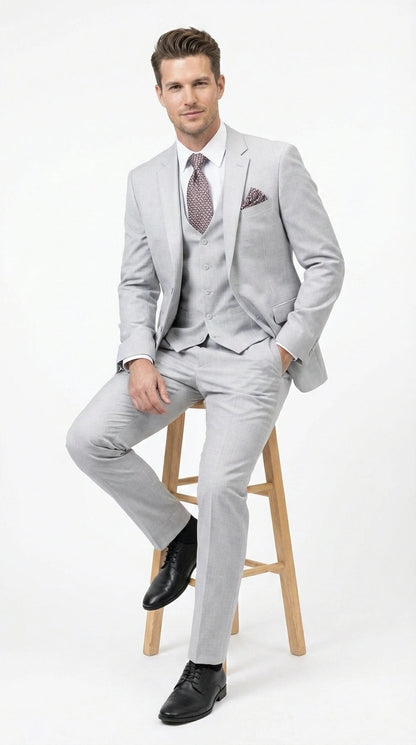 Men’s Light Grey Sharkskin 3 Piece Suit – Two Button Vested Modern Formal Business Suit for Wedding in silver Ice Gray Modern Fit