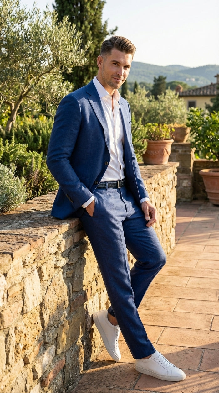 Mens Enzo Tovare Denim Blue Linen Summer Suit – Breathable Two Piece Suit for Wedding, Business, Travel Modern Fit