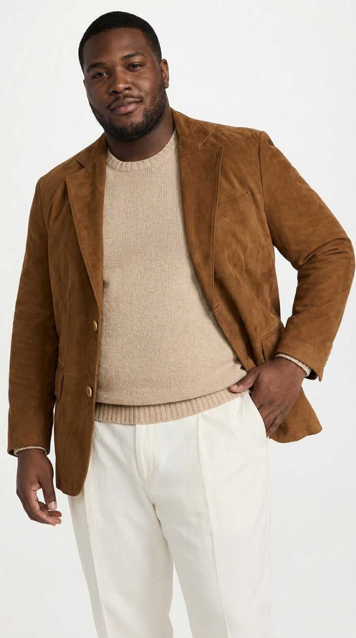 Men’s Camel Brown Suede Leather Blazer – Classic Two Button Suede Sport Coat