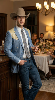 Men’s Steel - Light Blue and Bone Color Western Cowboy Blazer – Shiny Country Style Dress Jacket for Rodeo Saco De Hombre Vaquero