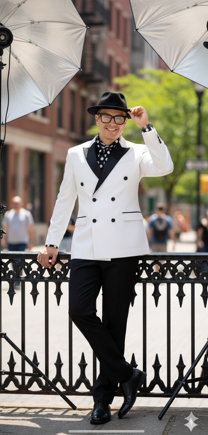 Men’s White and Black Double-Breasted Tuxedo – Modern Slim Fit Formal Suit for Weddings, Parties, and Special Occasions
