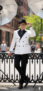 Men’s White and Black Double-Breasted Tuxedo – Modern Slim Fit Formal Suit for Weddings, Parties, and Special Occasions
